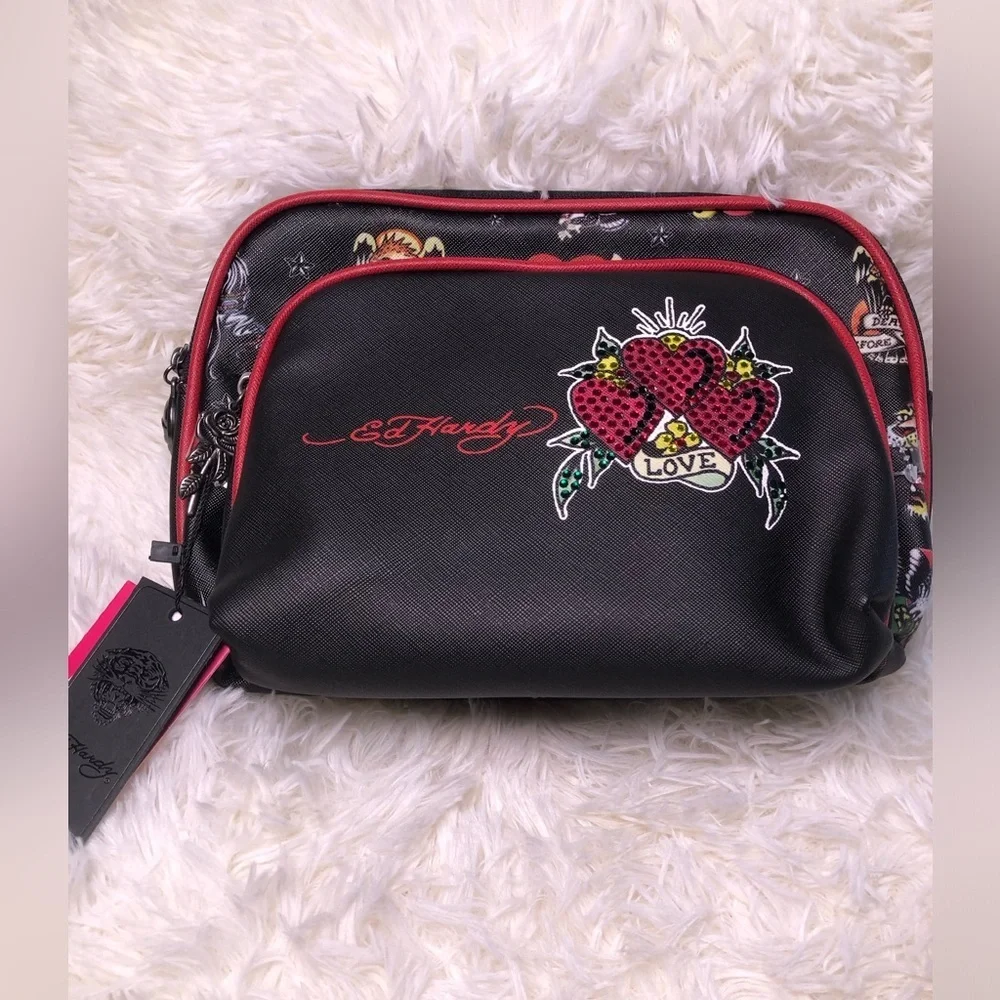Ed Hardy Black Cosmetic Bag with Red Trim and Heart Graphic